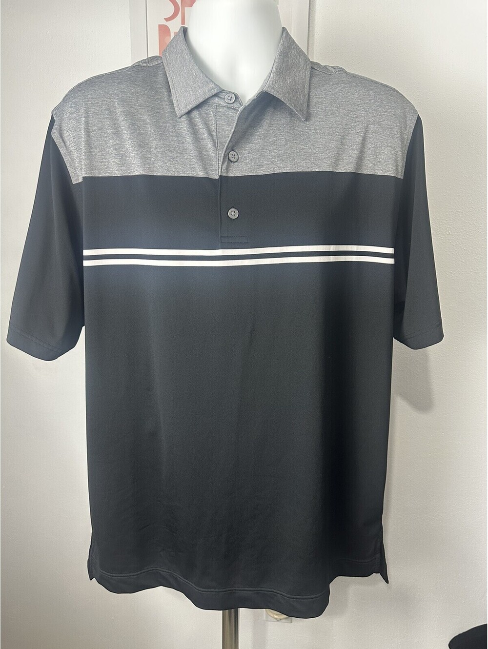 Mens EUC FootJoy Black Gray Striped Golf Polo Shirt Size Large